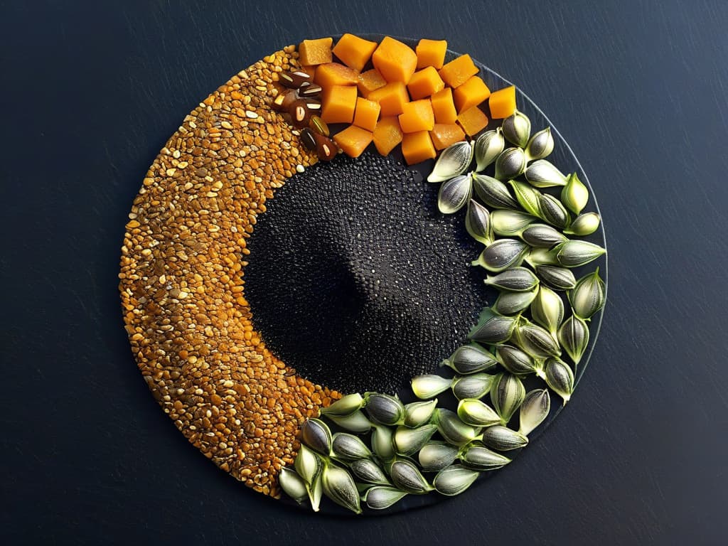  A closeup, ultradetailed image of a variety of colorful seeds such as chia, flax, and pumpkin seeds, artfully arranged in a circular pattern on a sleek, matte black surface. The seeds are perfectly aligned, showcasing their different textures and shapes, with tiny water droplets delicately resting on their surfaces, adding a touch of freshness and vibrancy to the scene. The lighting is soft yet highlights the intricate details of each seed, creating a visually striking and aesthetically pleasing composition that embodies the essence of healthy diabetic recipes enriched with seeds. hyperrealistic, full body, detailed clothing, highly detailed, cinematic lighting, stunningly beautiful, intricate, sharp focus, f/1. 8, 85mm, (centered image composition), (professionally color graded), ((bright soft diffused light)), volumetric fog, trending on instagram, trending on tumblr, HDR 4K, 8K