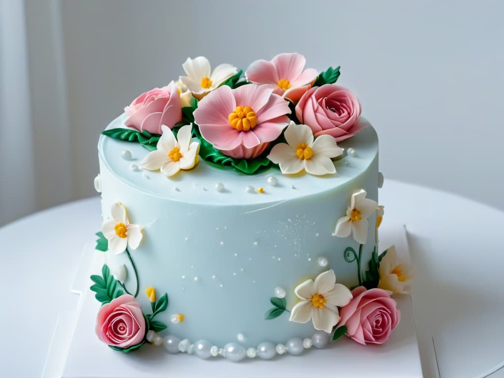  A closeup, ultradetailed image of a perfectly frosted and decorated threetiered cake, adorned with intricate sugar flowers in soft pastel hues, set against a clean, white backdrop. The cake features precise piping work, delicate fondant ribbons, and shimmering edible pearls, showcasing a masterful display of pastry craftsmanship and artistry. hyperrealistic, full body, detailed clothing, highly detailed, cinematic lighting, stunningly beautiful, intricate, sharp focus, f/1. 8, 85mm, (centered image composition), (professionally color graded), ((bright soft diffused light)), volumetric fog, trending on instagram, trending on tumblr, HDR 4K, 8K