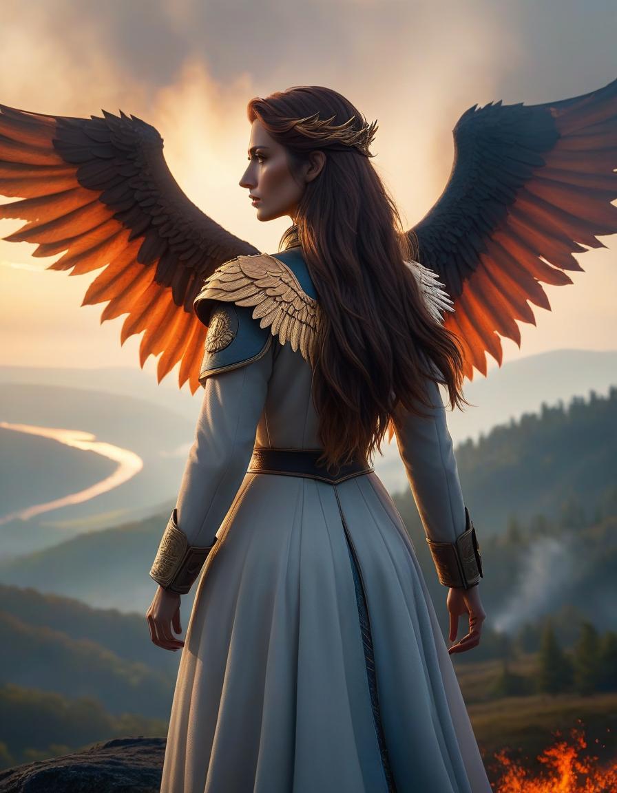  A long haired girl stands on a hill, wings of fire behind her back. hyperrealistic, full body, detailed clothing, highly detailed, cinematic lighting, stunningly beautiful, intricate, sharp focus, f/1. 8, 85mm, (centered image composition), (professionally color graded), ((bright soft diffused light)), volumetric fog, trending on instagram, trending on tumblr, HDR 4K, 8K