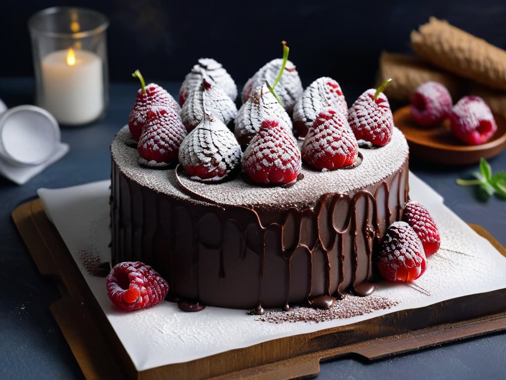  A closeup, ultradetailed image of a decadent chocolate quinoa cake topped with fresh raspberries and a dusting of powdered sugar. The cake sits on a sleek, modern white plate against a dark backdrop, emphasizing its rich texture and vibrant colors. Each individual quinoa grain in the cake is beautifully highlighted, showcasing the unique and innovative use of this nutritious ingredient in a dessert. hyperrealistic, full body, detailed clothing, highly detailed, cinematic lighting, stunningly beautiful, intricate, sharp focus, f/1. 8, 85mm, (centered image composition), (professionally color graded), ((bright soft diffused light)), volumetric fog, trending on instagram, trending on tumblr, HDR 4K, 8K