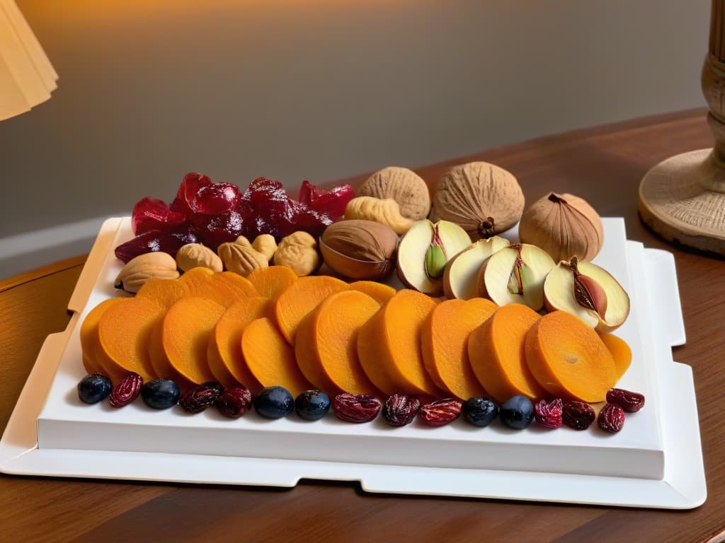  A luxurious assortment of premium nuts and dried fruits elegantly arranged on a sleek, modern platter. The image showcases a variety of pistachios, cashews, almonds, walnuts, and dried cranberries, all exuding a rich color palette and glistening with a hint of natural oils. Each piece is meticulously placed, creating a visually striking composition that embodies sophistication and culinary excellence. hyperrealistic, full body, detailed clothing, highly detailed, cinematic lighting, stunningly beautiful, intricate, sharp focus, f/1. 8, 85mm, (centered image composition), (professionally color graded), ((bright soft diffused light)), volumetric fog, trending on instagram, trending on tumblr, HDR 4K, 8K