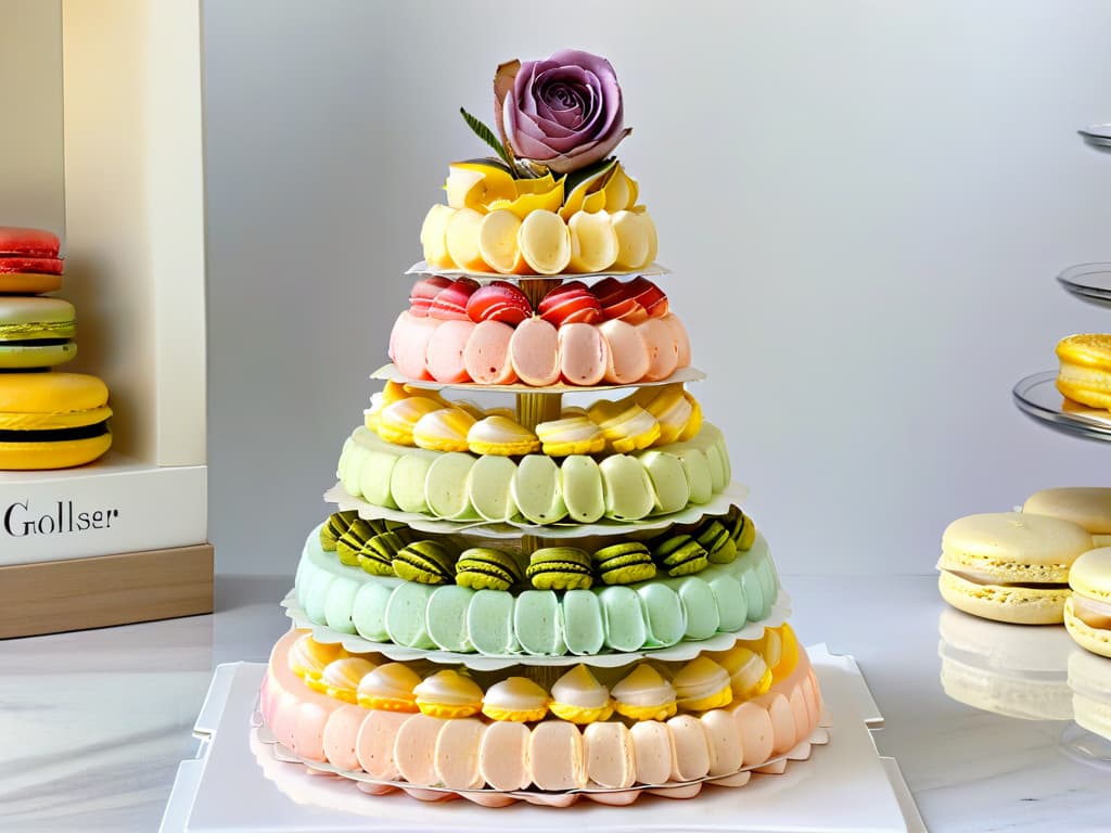  A highresolution, ultradetailed image of a delicate French macaron tower, showcasing a variety of pastel colors and flavors like lavender, rose, pistachio, and lemon. The macarons are perfectly arranged in a symmetrical pattern against a clean, white background to highlight their intricate details and smooth texture. Each macaron is dusted with a light sprinkling of edible gold leaf, adding a touch of luxury and elegance to the composition. The image captures the essence of sophisticated international desserts, inviting the viewer to indulge in a world of gourmet flavors and textures. hyperrealistic, full body, detailed clothing, highly detailed, cinematic lighting, stunningly beautiful, intricate, sharp focus, f/1. 8, 85mm, (centered image composition), (professionally color graded), ((bright soft diffused light)), volumetric fog, trending on instagram, trending on tumblr, HDR 4K, 8K