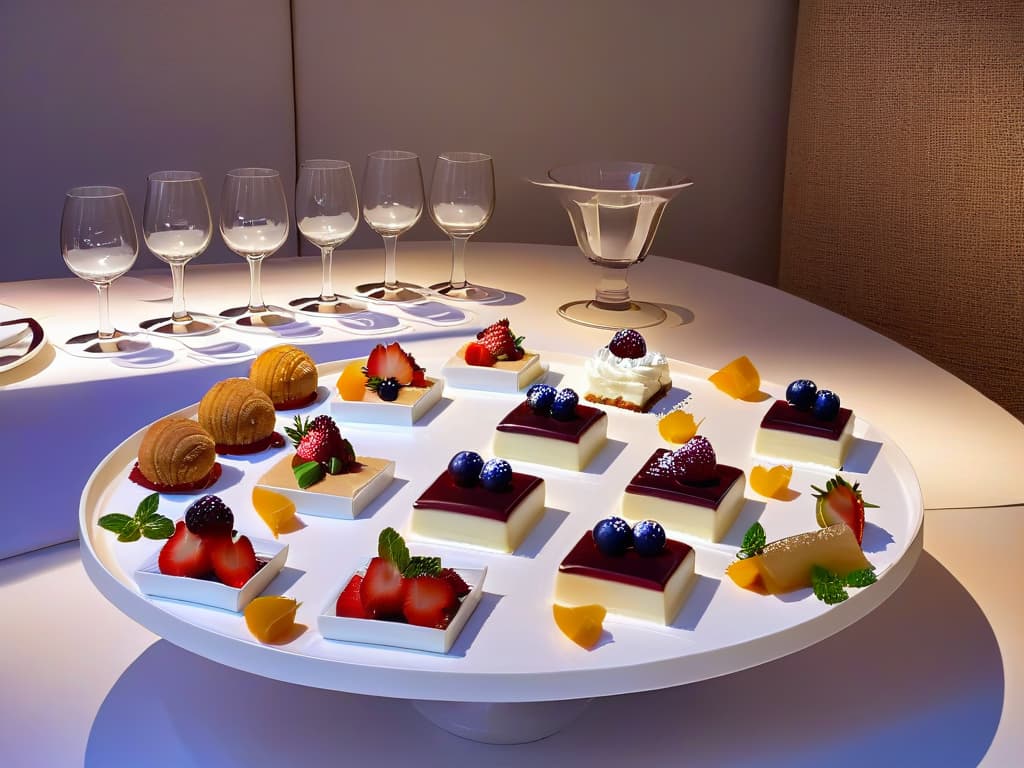  An elegant, minimalistic table setting for a dessert tasting event, featuring a variety of beautifully arranged bitesized desserts on white porcelain plates, accompanied by sleek silverware and crystal glassware. Soft, warm lighting highlights the textures and colors of the desserts, casting gentle shadows on the pristine tablecloth, creating a sophisticated and inviting atmosphere. hyperrealistic, full body, detailed clothing, highly detailed, cinematic lighting, stunningly beautiful, intricate, sharp focus, f/1. 8, 85mm, (centered image composition), (professionally color graded), ((bright soft diffused light)), volumetric fog, trending on instagram, trending on tumblr, HDR 4K, 8K