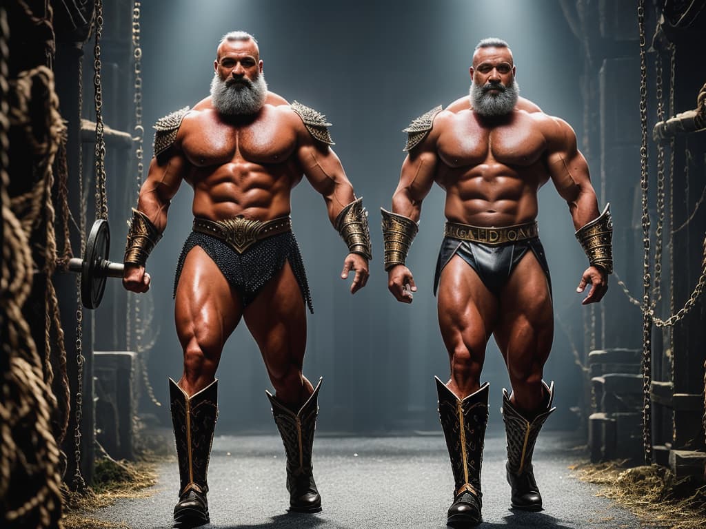  bearded middle aged gladiator bodybuilder captured in chains in a dungeon hyperrealistic, full body, detailed clothing, highly detailed, cinematic lighting, stunningly beautiful, intricate, sharp focus, f/1. 8, 85mm, (centered image composition), (professionally color graded), ((bright soft diffused light)), volumetric fog, trending on instagram, trending on tumblr, HDR 4K, 8K