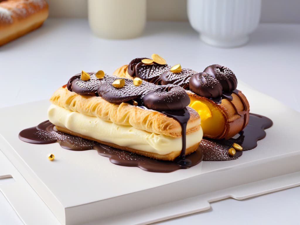  A closeup, photorealistic image of a freshly baked éclair with a perfectly golden, glossy exterior, showcasing delicate choux pastry filled with a rich, creamy vanilla bean custard. The éclair is elegantly garnished with a precise drizzle of chocolate ganache and a sprinkle of edible gold flakes, placed on a sleek, modern serving platter with a blurred background of a professional kitchen setting. The lighting highlights the textures of the pastry, custard, and chocolate, making the viewer almost able to taste the decadent dessert through the screen. hyperrealistic, full body, detailed clothing, highly detailed, cinematic lighting, stunningly beautiful, intricate, sharp focus, f/1. 8, 85mm, (centered image composition), (professionally color graded), ((bright soft diffused light)), volumetric fog, trending on instagram, trending on tumblr, HDR 4K, 8K