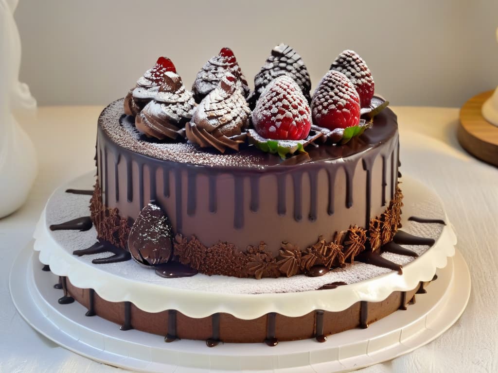  A closeup, photorealistic image of a luxurious and indulgent chocolate cake with intricate layers of moist coconut sugarinfused sponge, decadent chocolate ganache dripping down the sides, and topped with delicate curls of dark chocolate and fresh raspberries. The cake is displayed on an elegant white porcelain cake stand, set against a soft, blurred background to enhance the richness and appeal of this delectable dessert. hyperrealistic, full body, detailed clothing, highly detailed, cinematic lighting, stunningly beautiful, intricate, sharp focus, f/1. 8, 85mm, (centered image composition), (professionally color graded), ((bright soft diffused light)), volumetric fog, trending on instagram, trending on tumblr, HDR 4K, 8K