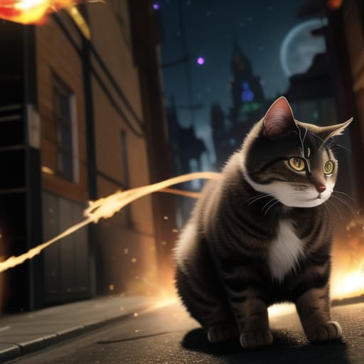  an anthropomorphic cat wearing black linen is depicted in an action pose, swirling fire with an arrow symbol in cat hand, floating above a street in a dark city alleyway, swirling magic effects and swirling energy waves surround cat, with a golden glow on cat face and body, looking at the camera, hyper detailed, movie still, ultrawide, ultra detailed, hyper focus, unreal engine, masterpiece, high rez, high quality, futuristic, exo skeleton, power armor, apex cat dominant universe, fight scars, cat had ear bitten by dog, war between cats and dogs, razor shard claws extended, , (masterpiece, best quality:1.5), HDR 4K, 8K