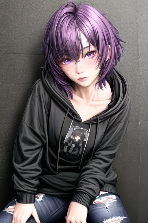  realistic short purple haired women kinda emo black hoodie and ripped jeans 13 middle schooler in a frisky position