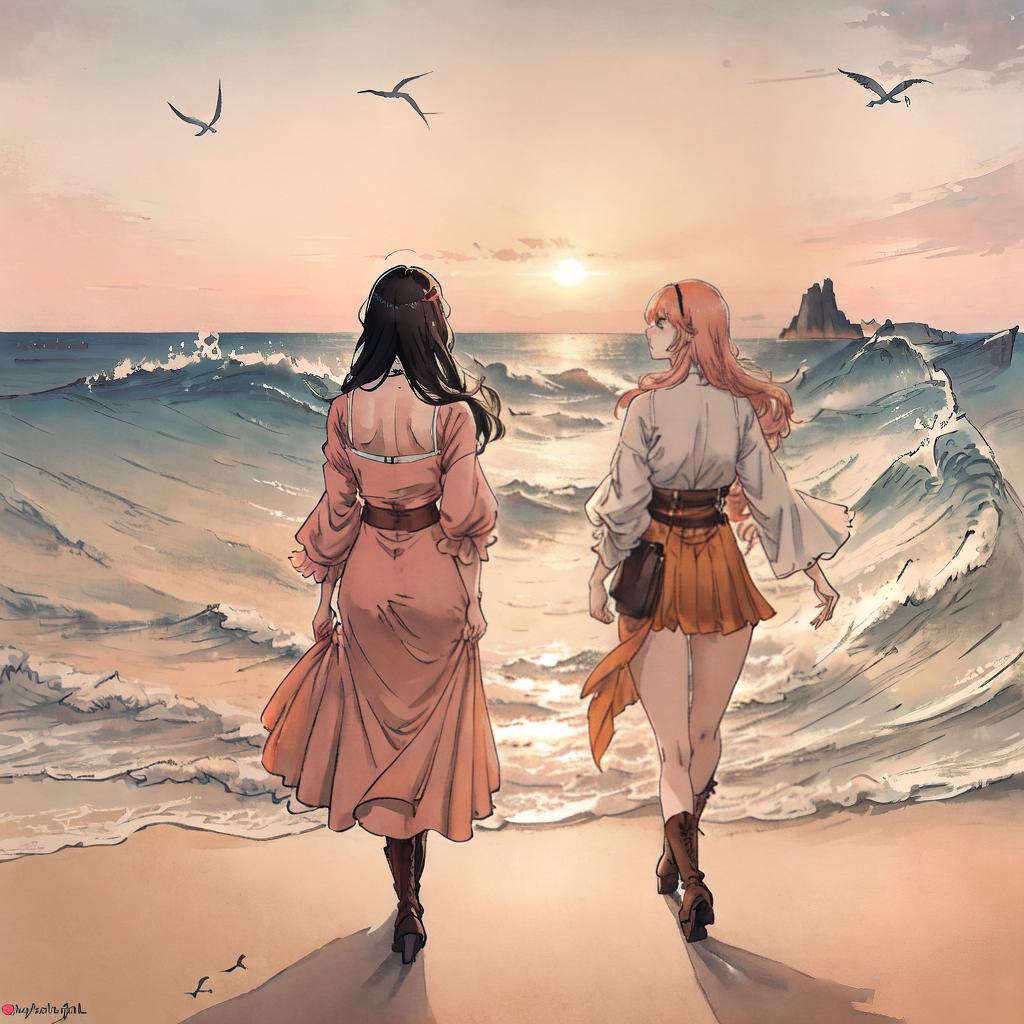  ((masterpiece)),(((best quality))), 8k, high detailed, ultra-detailed. Three girls seen from the back and three girls seen from the front, all wearing slightly shorter skirts, outfits with wide necklines, and high boots, in a realistic style. The girls are walking on a sandy beach at sunset, with waves crashing on the shore and seagulls flying in the sky. The sky is filled with warm tones of orange and pink, creating a beautiful atmosphere. hyperrealistic, full body, detailed clothing, highly detailed, cinematic lighting, stunningly beautiful, intricate, sharp focus, f/1. 8, 85mm, (centered image composition), (professionally color graded), ((bright soft diffused light)), volumetric fog, trending on instagram, trending on tumblr, HDR 4K, 8K
