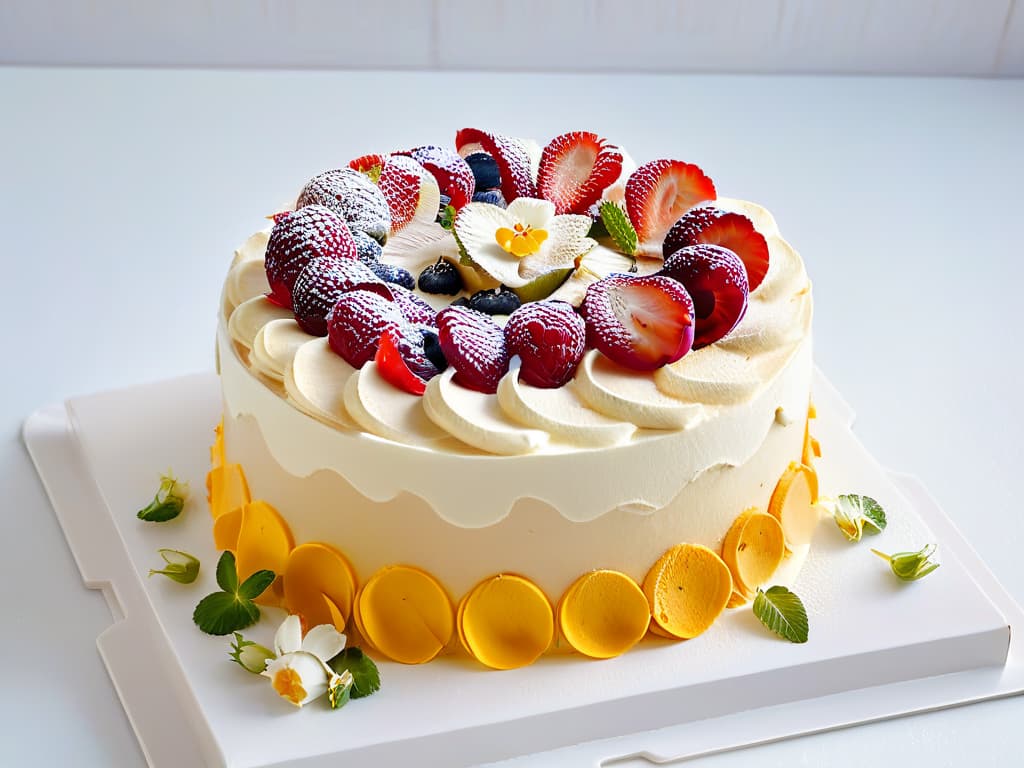  A minimalist and highly detailed image of a vibrant and intricately decorated tres leches cake, showcasing layers of moist sponge cake soaked in three types of milk, topped with whipped cream swirls, fresh berries, and delicate edible flowers. The cake is elegantly presented on a sleek white ceramic plate against a soft, blurred background, emphasizing the fusion of traditional Latin American flavors with modern culinary aesthetics. This visually striking image captures the essence of Latin American pastry fusion, enticing the viewer with its artful presentation and rich cultural heritage. hyperrealistic, full body, detailed clothing, highly detailed, cinematic lighting, stunningly beautiful, intricate, sharp focus, f/1. 8, 85mm, (centered image composition), (professionally color graded), ((bright soft diffused light)), volumetric fog, trending on instagram, trending on tumblr, HDR 4K, 8K