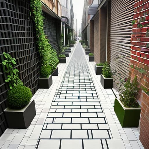  Urban sidewalk design for people without car traffic, the sidewalk walls of commercial shops are brick-faced, the path is covered with creeping plants and gardens, geometric shapes flooring with tiles