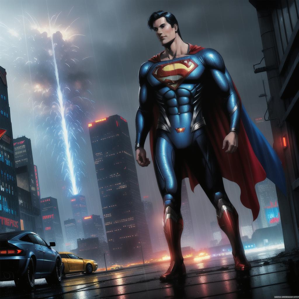  full body superman. City background. Cars and explosions. Comic book style, Highly detailed, hyperrealistic, sharp details, raining, cyberpunk, concept art