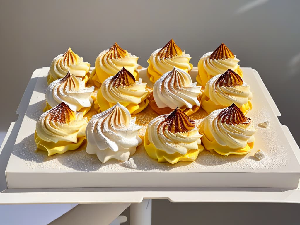  A closeup, photorealistic image of a perfectly baked tray of light and crispy meringues. The meringues are golden brown with a delicate shine, showcasing their crunchy texture. Each meringue is elegantly piped and dusted with a sprinkle of powdered sugar, sitting on a pristine white baking tray against a soft, blurred background that emphasizes the fine details of the dessert. hyperrealistic, full body, detailed clothing, highly detailed, cinematic lighting, stunningly beautiful, intricate, sharp focus, f/1. 8, 85mm, (centered image composition), (professionally color graded), ((bright soft diffused light)), volumetric fog, trending on instagram, trending on tumblr, HDR 4K, 8K