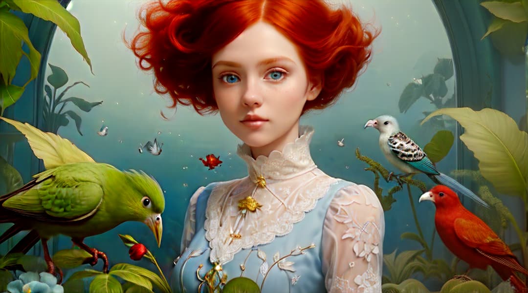  Woman red hair, Close up good friends are like stars - you don't always see them, but you know they are there, ray caesar inspired image, in the office working girls, exotic birds, house-plants, underwater, lace. Terrariums, flowers, perfect blue green eyes, , Highly defined, highly detailed, sharp focus, (centered image composition), 4K, 8K