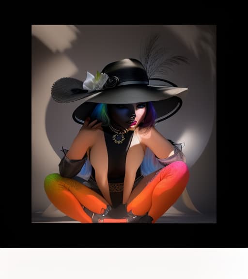  a colorfully presented, 3d picture of A woman in a hat with features who is sitting on the ground, with a black body, and a white face, shadow reflecting, , hyperrealistic, high quality, highly detailed, perfect lighting, intricate, sharp focus, f/1. 8, 85mm, (centered image composition), (professionally color graded), ((bright soft diffused light)), trending on instagram, HDR 4K, 8K