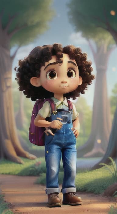  {The tree shining brightly and releasing a gentle, magical light., Riley, a curious with big brown eyes and curly hair, wearing overalls and carrying a small backpack. Their friend, Skye, a bluebird with shiny feathers.