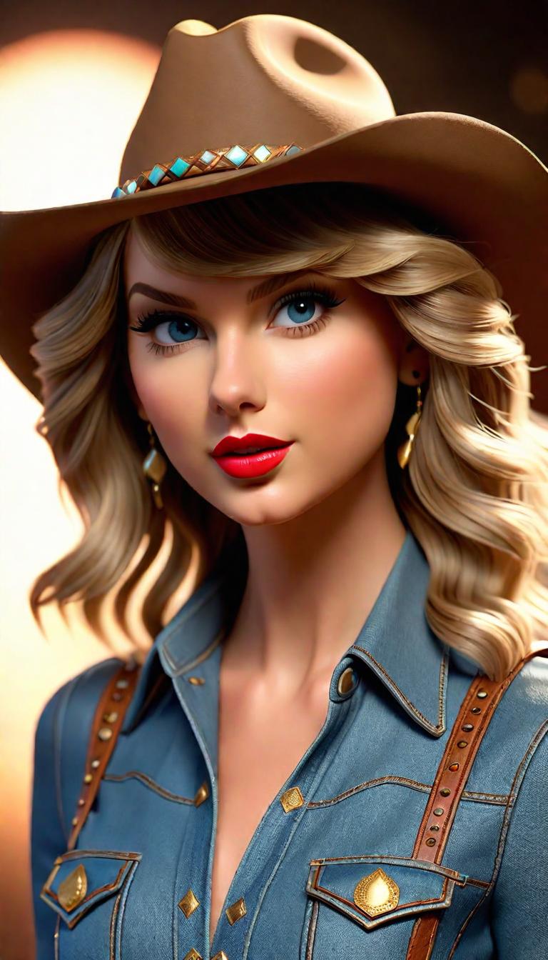  Professional 3D model of Taylor Swift wearing a cowboy hat . Rendered with Octane, the model is highly detailed,dramatic lighting. hyperrealistic, full body, detailed clothing, highly detailed, cinematic lighting, stunningly beautiful, intricate, sharp focus, f/1. 8, 85mm, (centered image composition), (professionally color graded), ((bright soft diffused light)), volumetric fog, trending on instagram, trending on tumblr, HDR 4K, 8K