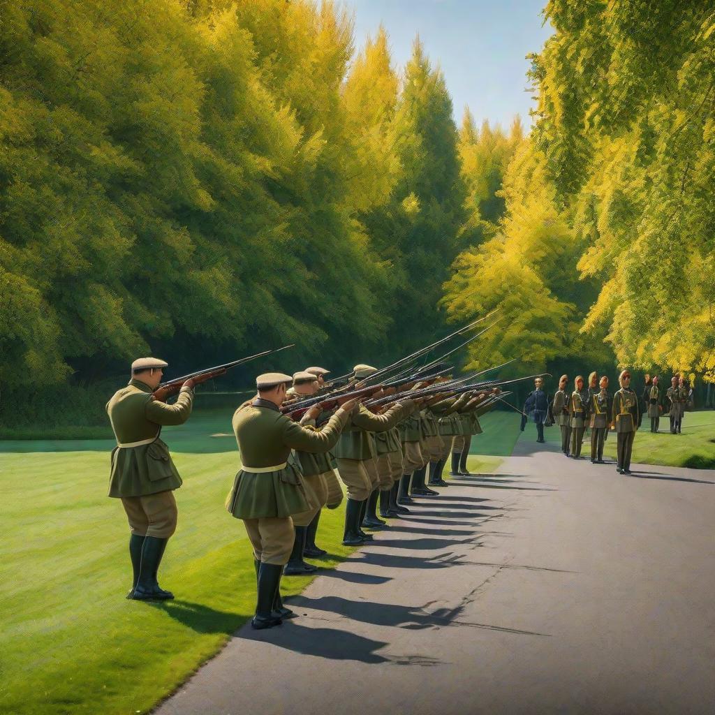  Masterpiece, best quality, green grass background, yellow trees in the distance, a row of British lobster soldiers on the left, shooting to the right.