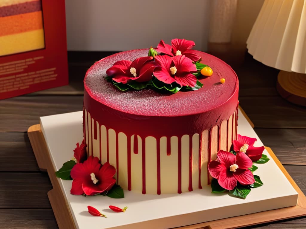  A closeup, photorealistic image of a decadent hibiscus flower (flor de jamaica) infused cake, showcasing intricate layers of moist sponge, rich crimson hibiscusflavored frosting, and delicate edible flower decorations. The cake sits on a rustic wooden table, with vibrant fresh hibiscus flowers scattered around, highlighting the intense color and flavor infusion of this exquisite dessert. hyperrealistic, full body, detailed clothing, highly detailed, cinematic lighting, stunningly beautiful, intricate, sharp focus, f/1. 8, 85mm, (centered image composition), (professionally color graded), ((bright soft diffused light)), volumetric fog, trending on instagram, trending on tumblr, HDR 4K, 8K