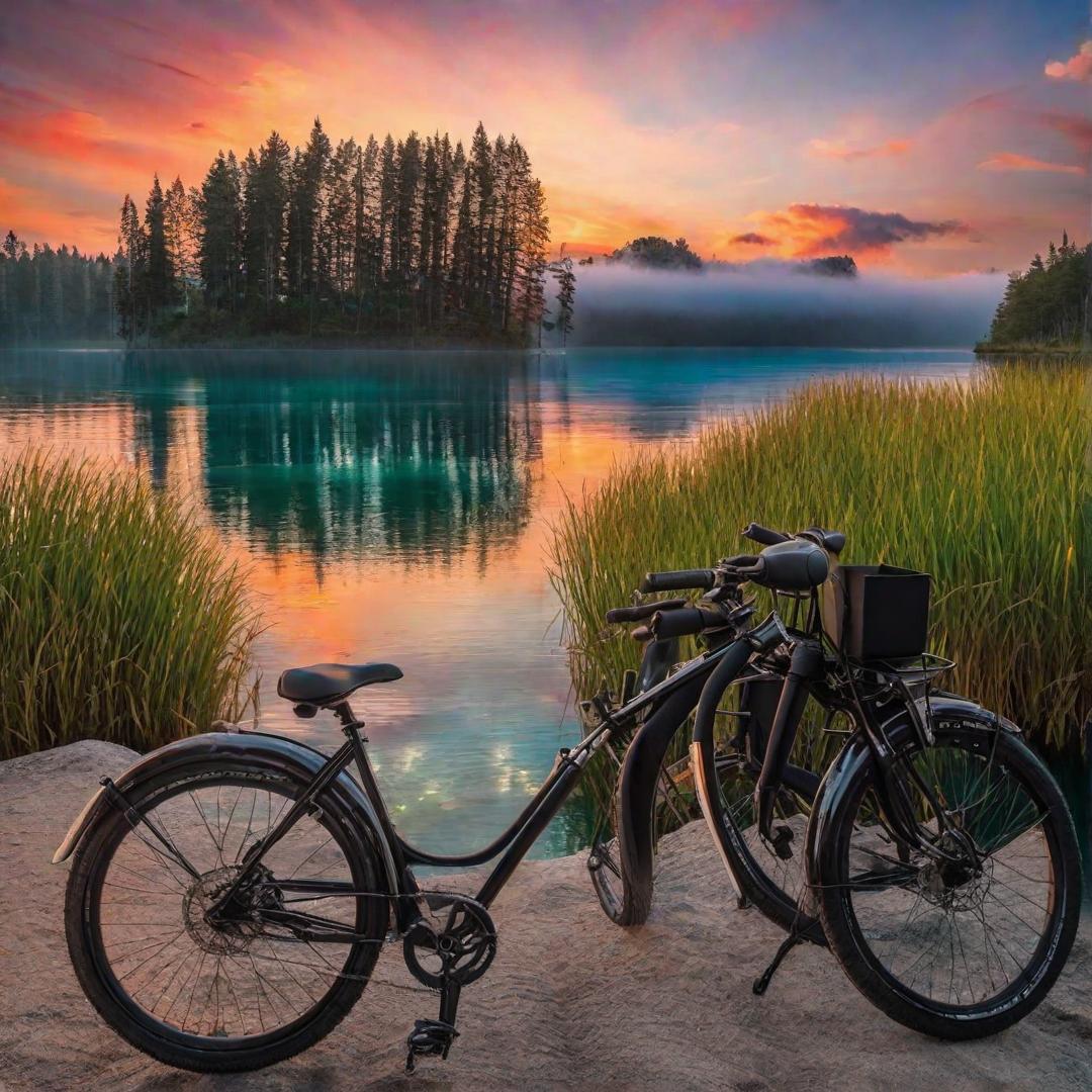  A bicycle leaning against a serene lakeside with sunset hues reflecting on the water's surface, and a helmet resting on the handlebars. real, 8k, 35mm, bike, stock photo hyperrealistic, full body, detailed clothing, highly detailed, cinematic lighting, stunningly beautiful, intricate, sharp focus, f/1. 8, 85mm, (centered image composition), (professionally color graded), ((bright soft diffused light)), volumetric fog, trending on instagram, trending on tumblr, HDR 4K, 8K