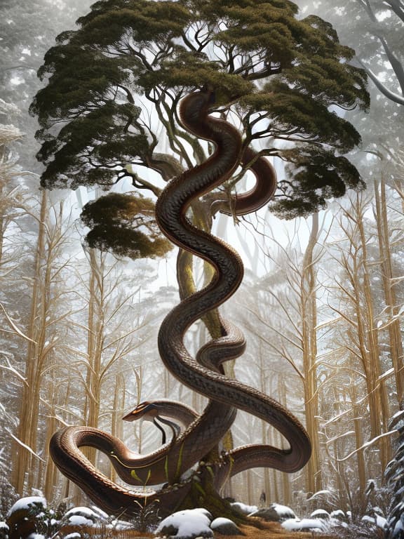  A giant snake coils around a tree trunk, its head at the tree's crown, abstract background, no people, no buildings. hyperrealistic, full body, detailed clothing, highly detailed, cinematic lighting, stunningly beautiful, intricate, sharp focus, f/1. 8, 85mm, (centered image composition), (professionally color graded), ((bright soft diffused light)), volumetric fog, trending on instagram, trending on tumblr, HDR 4K, 8K