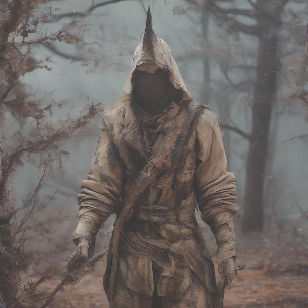  A sandy assassin demon holds a knife with both hands, close up view, with his hood on, his face is not visible. hyperrealistic, full body, detailed clothing, highly detailed, cinematic lighting, stunningly beautiful, intricate, sharp focus, f/1. 8, 85mm, (centered image composition), (professionally color graded), ((bright soft diffused light)), volumetric fog, trending on instagram, trending on tumblr, HDR 4K, 8K