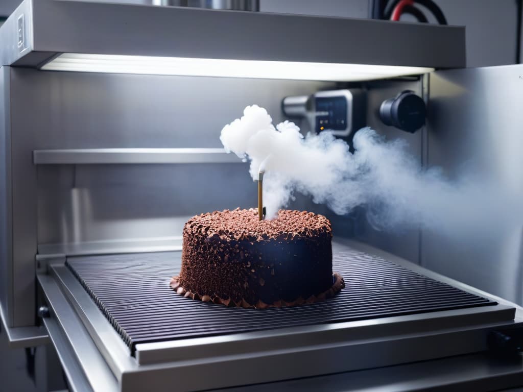  An ultradetailed image of a pristine chocolate tempering machine, gleaming under soft, focused lighting. The machine appears sleek and modern, with intricate temperature controls displayed prominently. The background is a subtle gradient of warm browns and cool metallic tones, enhancing the minimalist aesthetic. The focus is on the precision and sophistication of the equipment, reflecting the professional and inspiring tone of the article. hyperrealistic, full body, detailed clothing, highly detailed, cinematic lighting, stunningly beautiful, intricate, sharp focus, f/1. 8, 85mm, (centered image composition), (professionally color graded), ((bright soft diffused light)), volumetric fog, trending on instagram, trending on tumblr, HDR 4K, 8K