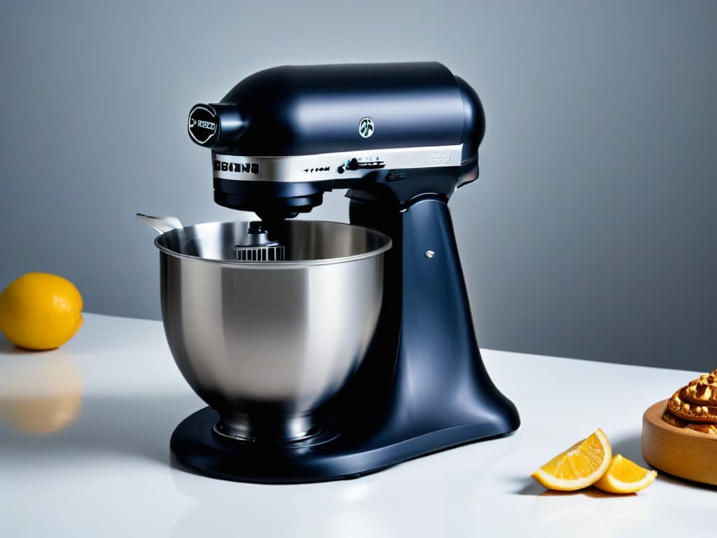  An ultradetailed closeup image of a sleek, matte black stand mixer with a stainless steel mixing bowl attached, captured at an angle to showcase the smooth lines and modern design. The focus is on the brand logo subtly embossed on the side, with soft natural lighting enhancing the elegant simplicity of the appliance, perfectly embodying the essence of a toptier pastry chef's ideal mixer. hyperrealistic, full body, detailed clothing, highly detailed, cinematic lighting, stunningly beautiful, intricate, sharp focus, f/1. 8, 85mm, (centered image composition), (professionally color graded), ((bright soft diffused light)), volumetric fog, trending on instagram, trending on tumblr, HDR 4K, 8K