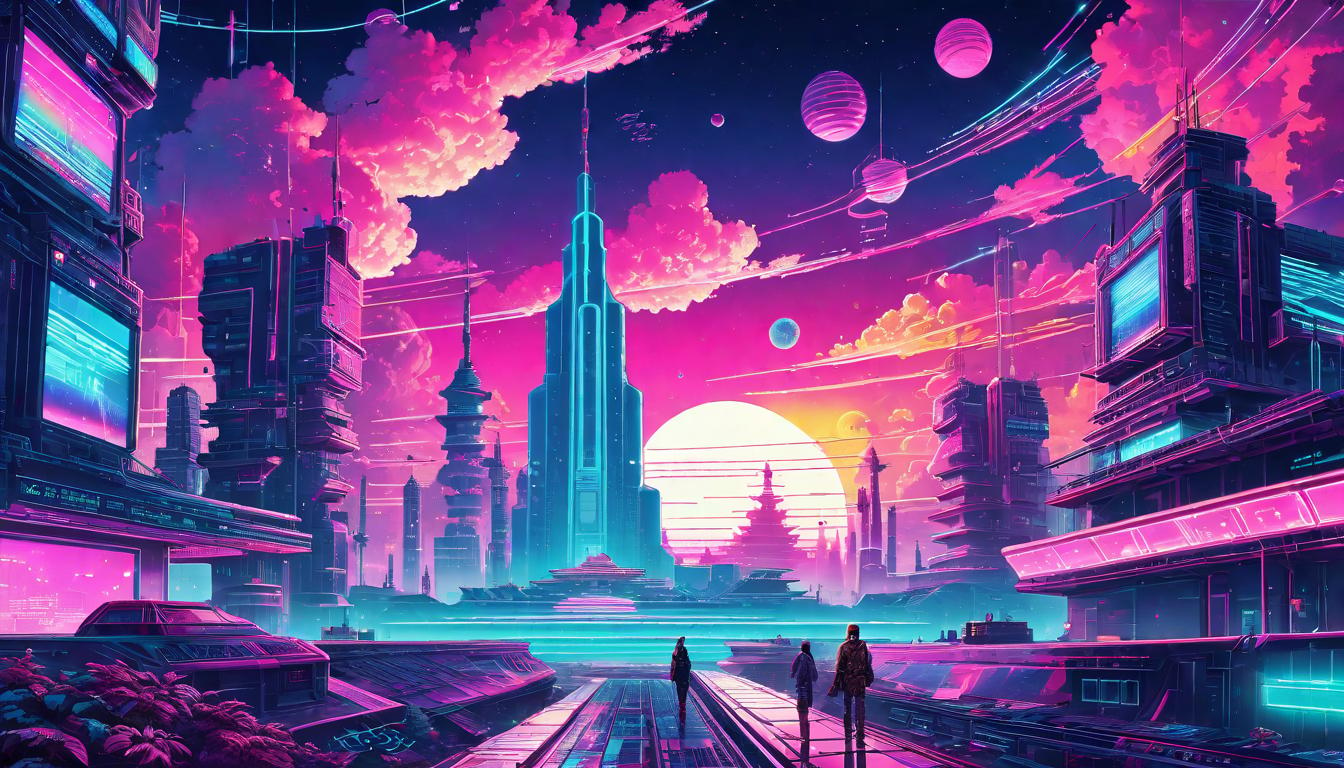  vaporwave,cyberpunk game style Rich, deep tapestry of time, swirling vortex of cosmic energy, profound engagement with truth, ethereal motifs, layers of wisdom, ancient and future blendedeon, dystopian, futuristic, digital, vibrant, detailed, high contrast, reminiscent of cyberpunk genre video games,retro aesthetic, cyberpunk, vibrant, neon colors, vintage 80s and 90s style, highly detailed