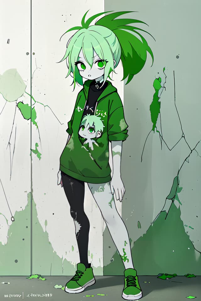  Green hair character that progresses forward, the background is decayed concrete wall