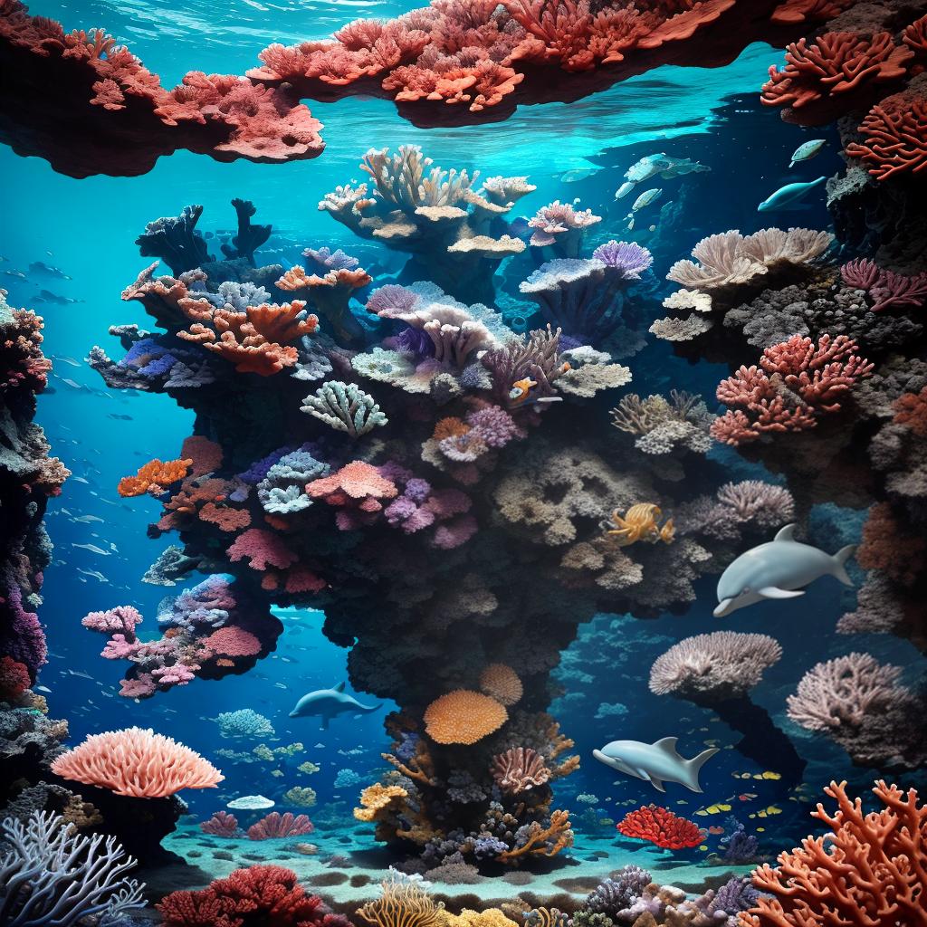  masterpiece, best quality, beautiful deep sea full of corals, diverse marine life and fascinating underwater landscapes with corals, appendages, small fish, anemones, dolphins, various algae, caves, colorful, 8k resolution and intricate detail