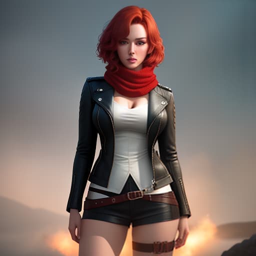  On the image, there's a young . She has short reddish hair. She has bright green eyes. She's wearing a red knitted scarf. She's wearing a leather jacket. In her hands, she has a red flag. hyperrealistic, full body, detailed clothing, highly detailed, cinematic lighting, stunningly beautiful, intricate, sharp focus, f/1. 8, 85mm, (centered image composition), (professionally color graded), ((bright soft diffused light)), volumetric fog, trending on instagram, trending on tumblr, HDR 4K, 8K