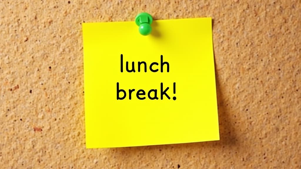  good quality, high quality, bright yellow sticky note with "lunch break!" message pinned on corkboard background