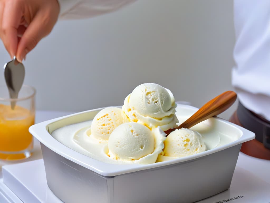  A closeup, photorealistic image of a scoop of creamy, homemade ice cream being perfectly scooped out of a container, showcasing a smooth texture with no ice crystals. The ice cream is a rich vanilla color with visible specks of real vanilla beans, and it is being lifted by a shiny silver ice cream scoop. The background is softly blurred, emphasizing the luxurious texture of the ice cream. hyperrealistic, full body, detailed clothing, highly detailed, cinematic lighting, stunningly beautiful, intricate, sharp focus, f/1. 8, 85mm, (centered image composition), (professionally color graded), ((bright soft diffused light)), volumetric fog, trending on instagram, trending on tumblr, HDR 4K, 8K