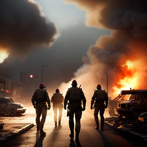  A team of five people with rifles in their hands, wearing red masks, emerge from the shadows of the explosion. In the foreground, the inscription: "Shadows" is visible. hyperrealistic, full body, detailed clothing, highly detailed, cinematic lighting, stunningly beautiful, intricate, sharp focus, f/1. 8, 85mm, (centered image composition), (professionally color graded), ((bright soft diffused light)), volumetric fog, trending on instagram, trending on tumblr, HDR 4K, 8K