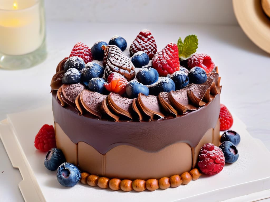  A closeup, ultradetailed image of a luxurious chocolate cake topped with shimmering edible gold flakes, surrounded by a selection of vibrant fresh berries like raspberries, blueberries, and blackberries, all placed on a sleek, modern marble serving platter. The cake is elegantly decorated with delicate chocolate curls and dusted with a fine layer of cocoa powder, perfectly showcasing the incorporation of minerals in exquisite pastry creations. hyperrealistic, full body, detailed clothing, highly detailed, cinematic lighting, stunningly beautiful, intricate, sharp focus, f/1. 8, 85mm, (centered image composition), (professionally color graded), ((bright soft diffused light)), volumetric fog, trending on instagram, trending on tumblr, HDR 4K, 8K