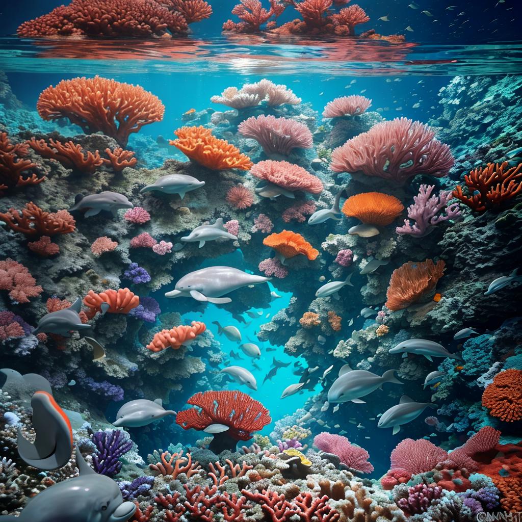  masterpiece, best quality, beautiful deep sea full of corals, diverse marine life and fascinating underwater landscapes, coral, limbs, small fish, anemones, dolphins, various algae, caves, colorful, 8k resolution and complex fine Festival