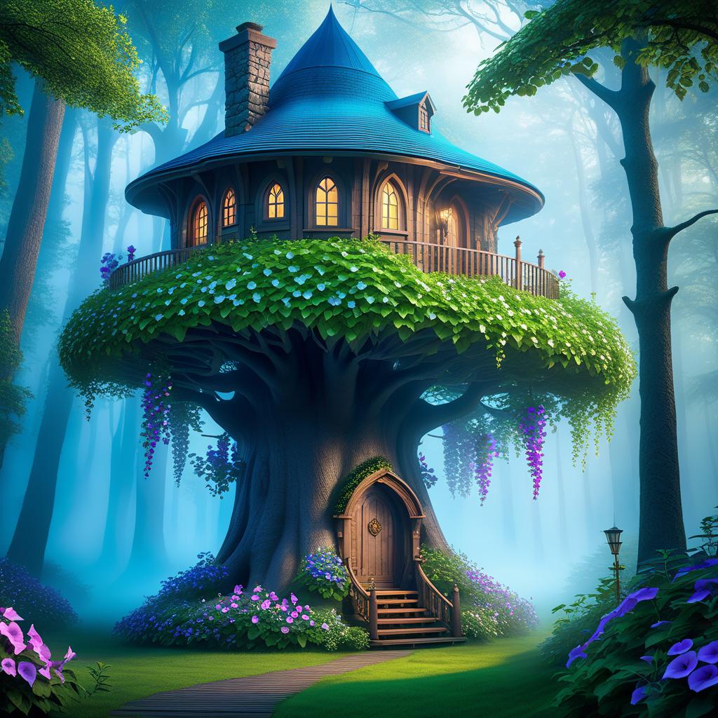  ethereal fantasy concept art of This tree house, nestled in the woods under a large leaf as a roof. Morning petunias serve as both decoration and guardians. The blossoms are blooming above the roof of the cabin. The elf who lives inside seems ready to come out the door and onto the balcony to water the flowers. (Petunia bush petunia) The flowers are blue turning to blue. . magnificent, celestial, ethereal, painterly, epic, majestic, magical, fantasy art, cover art, dreamy hyperrealistic, full body, detailed clothing, highly detailed, cinematic lighting, stunningly beautiful, intricate, sharp focus, f/1. 8, 85mm, (centered image composition), (professionally color graded), ((bright soft diffused light)), volumetric fog, trending on instagram, trending on tumblr, HDR 4K, 8K