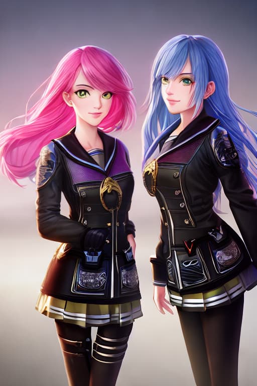  Girls, pink hair, yellow -green eyes, patched eyes, sailor clothes, smiles, active hyperrealistic, full body, detailed clothing, highly detailed, cinematic lighting, stunningly beautiful, intricate, sharp focus, f/1. 8, 85mm, (centered image composition), (professionally color graded), ((bright soft diffused light)), volumetric fog, trending on instagram, trending on tumblr, HDR 4K, 8K