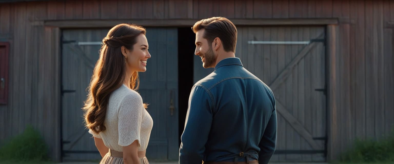  A girl and a man are standing with their backs turned and smiling. In the background, there is a closed door with large barn locks. hyperrealistic, full body, detailed clothing, highly detailed, cinematic lighting, stunningly beautiful, intricate, sharp focus, f/1. 8, 85mm, (centered image composition), (professionally color graded), ((bright soft diffused light)), volumetric fog, trending on instagram, trending on tumblr, HDR 4K, 8K