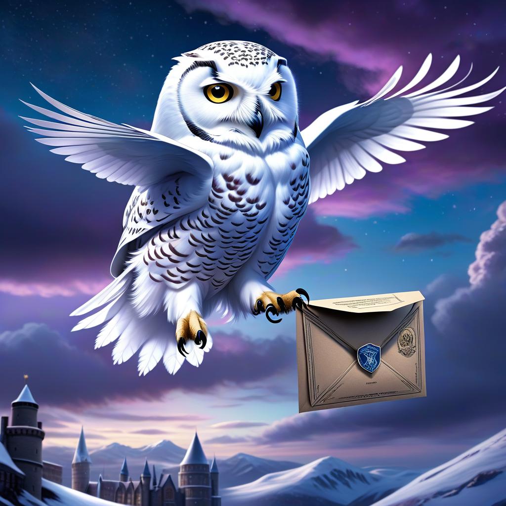  A snowy owl from Hogwarts is flying with an envelope in its claws. The envelope with a seal holds a letter. A night sky with blue and purple clouds in the background. The school hovers in front of them. hyperrealistic, full body, detailed clothing, highly detailed, cinematic lighting, stunningly beautiful, intricate, sharp focus, f/1. 8, 85mm, (centered image composition), (professionally color graded), ((bright soft diffused light)), volumetric fog, trending on instagram, trending on tumblr, HDR 4K, 8K