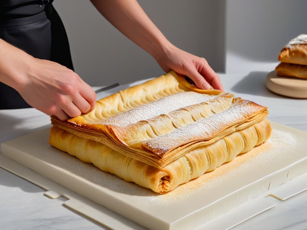  A closeup, photorealistic image of layers of buttery puff pastry dough being meticulously folded and rolled out on a clean, marble surface. The dough is perfectly smooth and glossy, with visible thin layers separating the buttery sheets, showcasing the intricate lamination process. The soft natural light gently illuminates the scene, highlighting the precision and expertise involved in creating the perfect flaky and crispy pastry. hyperrealistic, full body, detailed clothing, highly detailed, cinematic lighting, stunningly beautiful, intricate, sharp focus, f/1. 8, 85mm, (centered image composition), (professionally color graded), ((bright soft diffused light)), volumetric fog, trending on instagram, trending on tumblr, HDR 4K, 8K