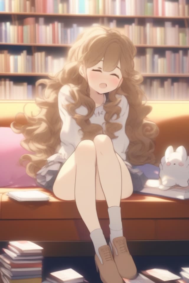  (in kishida mel style:1.5),(incredibly absurdres),(highres),(top quality),((texture)),((contrast)),(spoken zzz,madeon) BREAK solo,,,kawaii,(blush),((hair on shoulder)),(light brown hair,long hair,curly hair:1.3),(cute clothes,cute ,cute socks,cute shoes),(siting at sofa,hanging s,leaning back:1.3),((covering privates)),((in bookstore)),open mouth,half closed eyes,(covering mouth,sleepy:1.5), hyperrealistic, full body, detailed clothing, highly detailed, cinematic lighting, stunningly beautiful, intricate, sharp focus, f/1. 8, 85mm, (centered image composition), (professionally color graded), ((bright soft diffused light)), volumetric fog, trending on instagram, trending on tumblr, HDR 4K, 8K