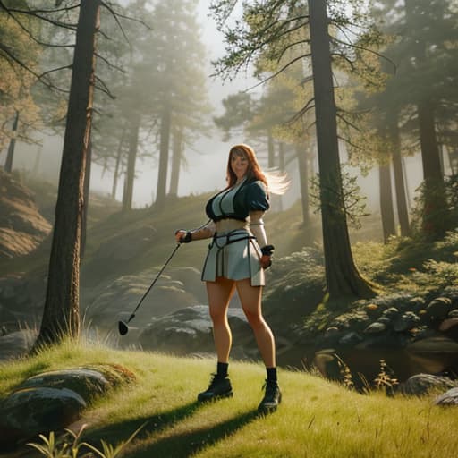  Disc golf warrior at mill hollow hyperrealistic, full body, detailed clothing, highly detailed, cinematic lighting, stunningly beautiful, intricate, sharp focus, f/1. 8, 85mm, (centered image composition), (professionally color graded), ((bright soft diffused light)), volumetric fog, trending on instagram, trending on tumblr, HDR 4K, 8K