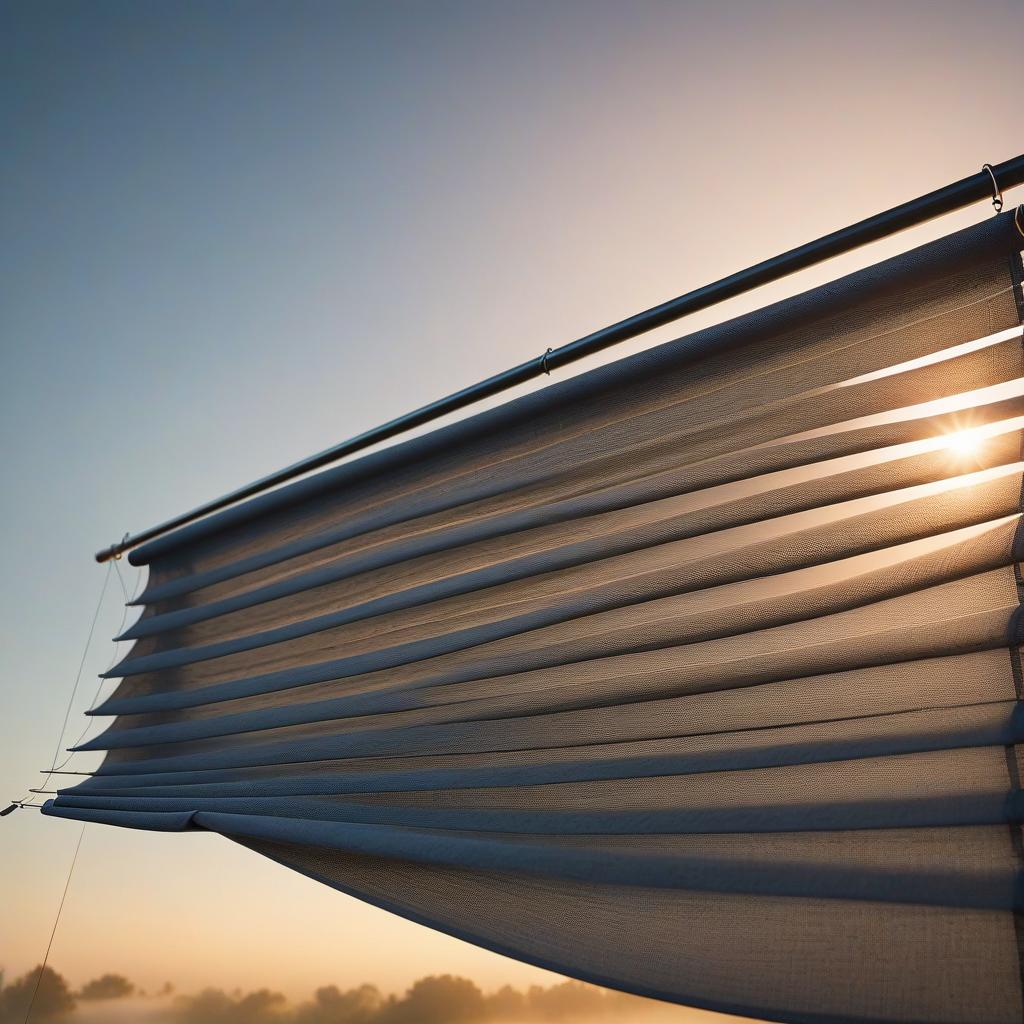  A piece of fabric venetian blind is flying in the air at sunset. hyperrealistic, full body, detailed clothing, highly detailed, cinematic lighting, stunningly beautiful, intricate, sharp focus, f/1. 8, 85mm, (centered image composition), (professionally color graded), ((bright soft diffused light)), volumetric fog, trending on instagram, trending on tumblr, HDR 4K, 8K