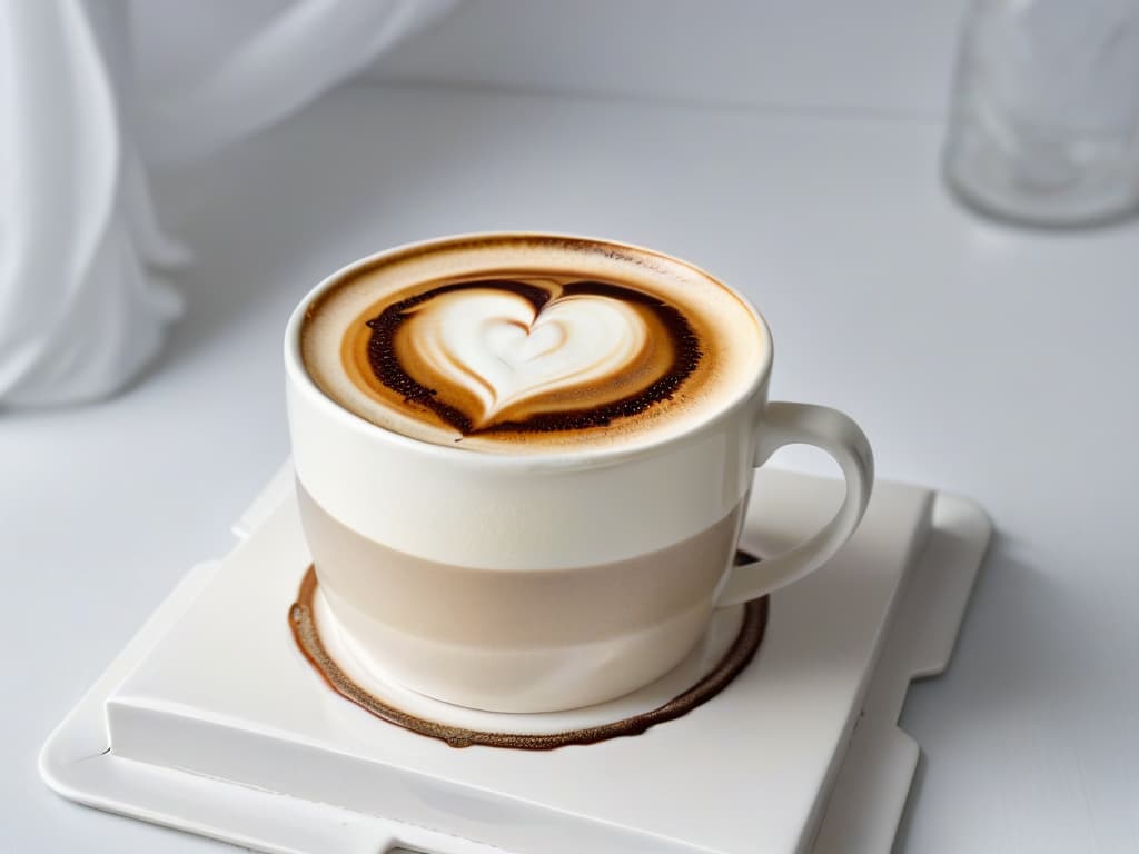  A closeup, highresolution image of a delicate, intricately designed latte art heart sitting atop a perfectly crafted cappuccino in a minimalist white ceramic cup on a sleek black saucer. The foam is velvety and smooth, with tiny bubbles visible on the surface, showcasing the artistry and skill of the barista. The contrast between the rich, dark coffee and the creamy foam is striking, highlighting the beauty and simplicity of a wellmade coffee beverage. hyperrealistic, full body, detailed clothing, highly detailed, cinematic lighting, stunningly beautiful, intricate, sharp focus, f/1. 8, 85mm, (centered image composition), (professionally color graded), ((bright soft diffused light)), volumetric fog, trending on instagram, trending on tumblr, HDR 4K, 8K