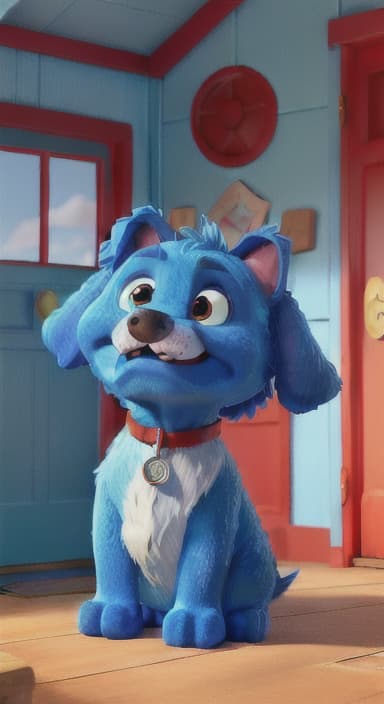  {Max the big blue dog standing in front of a cozy little house with a red door, The big blue dog is large with sky blue fur, big round eyes, a black nose, and floppy ears.