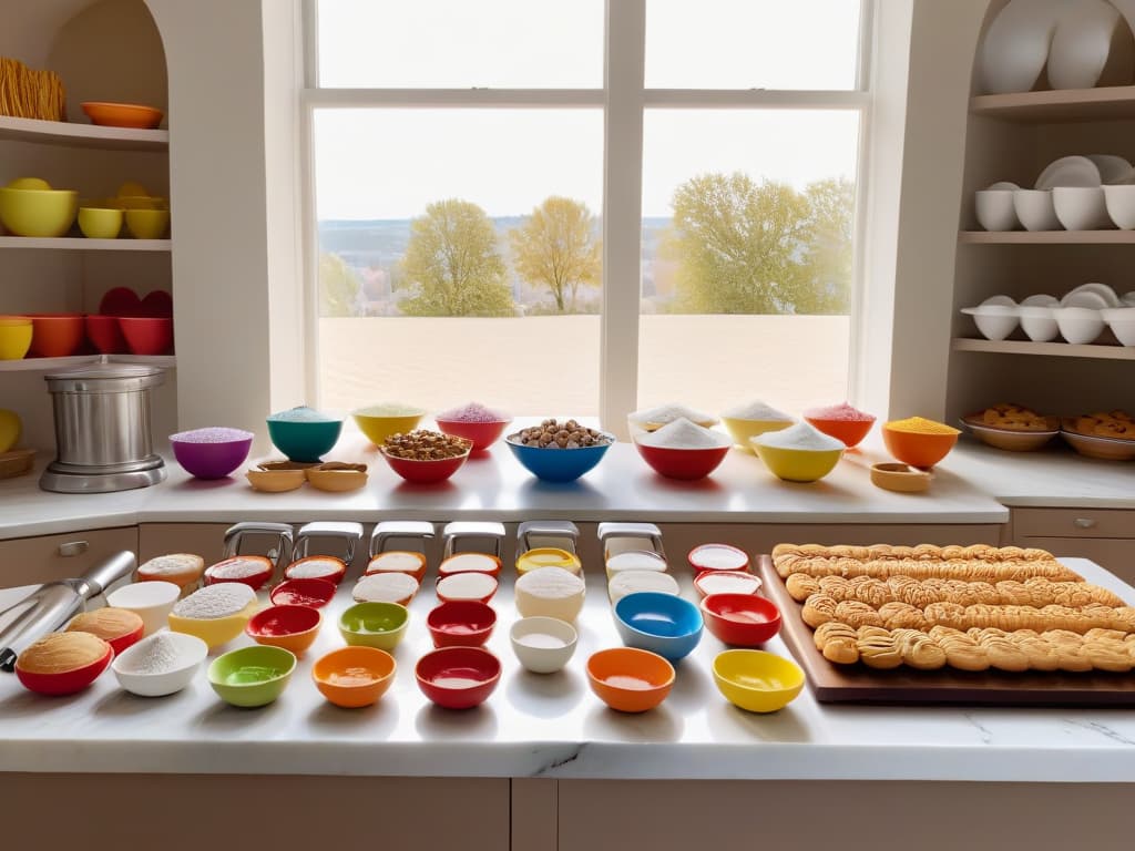  An 8k ultradetailed image of a colorful array of whimsical baking tools and ingredients, including vibrant mixing bowls, cookie cutters in various shapes, sprinkles, and rolling pins, all neatly arranged on a sleek, white marble countertop. The sunlight streaming in from a nearby window casts a soft, inviting glow on the scene, creating a warm and welcoming atmosphere perfect for sparking creativity in young bakers. hyperrealistic, full body, detailed clothing, highly detailed, cinematic lighting, stunningly beautiful, intricate, sharp focus, f/1. 8, 85mm, (centered image composition), (professionally color graded), ((bright soft diffused light)), volumetric fog, trending on instagram, trending on tumblr, HDR 4K, 8K