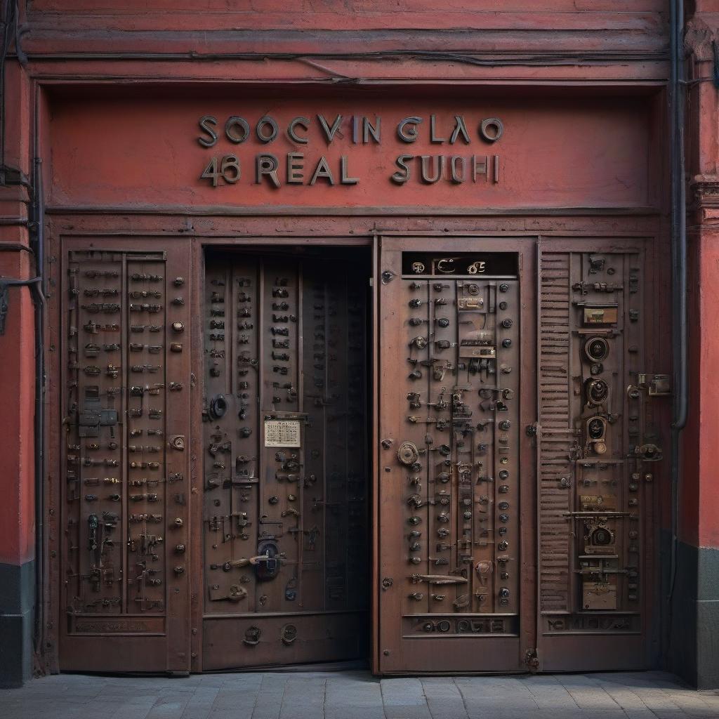  breathtaking Soviet real door to the film studio, on which is depicted 12 locks with a key input on the alphabetic keyboard for entry. [bonus] Sooviet reel doo in kino studio, where on it is shown 12 locks with keybord input for enterring. . award winning, professional, highly detailed hyperrealistic, full body, detailed clothing, highly detailed, cinematic lighting, stunningly beautiful, intricate, sharp focus, f/1. 8, 85mm, (centered image composition), (professionally color graded), ((bright soft diffused light)), volumetric fog, trending on instagram, trending on tumblr, HDR 4K, 8K