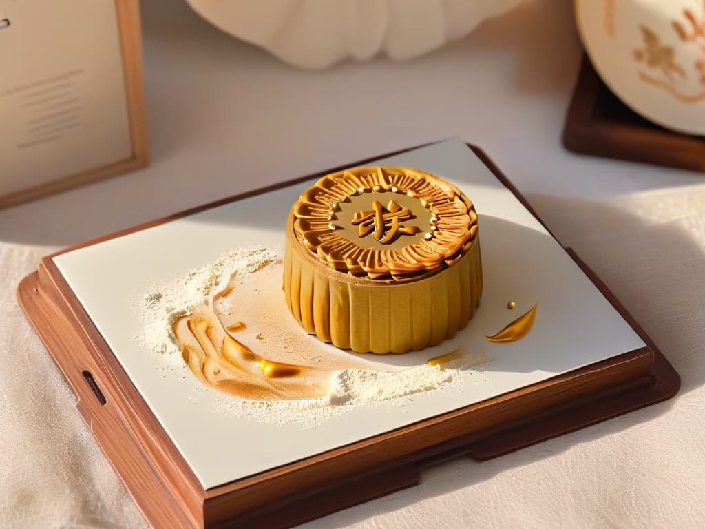  A serene and elegant image of a hand holding a freshly baked mooncake delicately dusted with flour, placed on a simple, rustic wooden table. The soft, natural light highlights the intricate patterns on the mooncake, showcasing the artistry and precision of the preparation process. The minimalistic composition and muted color palette create a sense of calm and sophistication, perfectly complementing the professional and inspirational tone of the article. hyperrealistic, full body, detailed clothing, highly detailed, cinematic lighting, stunningly beautiful, intricate, sharp focus, f/1. 8, 85mm, (centered image composition), (professionally color graded), ((bright soft diffused light)), volumetric fog, trending on instagram, trending on tumblr, HDR 4K, 8K